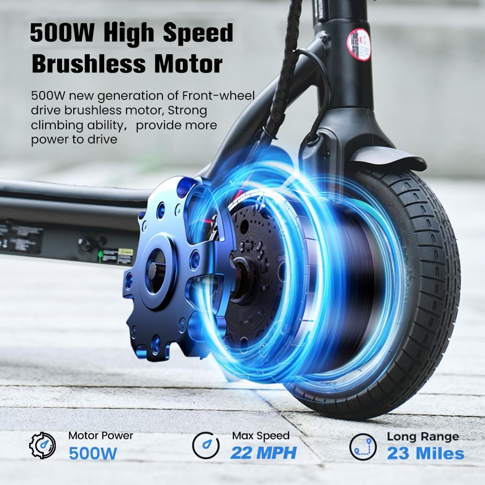 Electric Scooter, 23 Miles, 22 MPH Top Speed Electric Scooter for Adults, 500W Powerful Motor,10"/8.5" Pneumatic Tires Commuting Scooter, Foldable Escooter for Commuting & Campus Use - Image 3